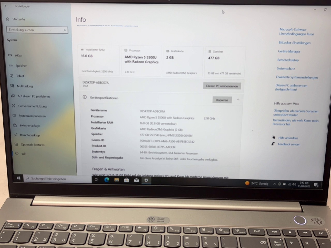 Lenovo ThinkBook 15 G3 ACL, 2022, Grau, AMD Ryzen 5 5500U, 16GB RAM, 477GB SSD, 15,6 Zoll Full HD Display, Windows 11, Mineral Grey | Zustand: Gut – Bild 2