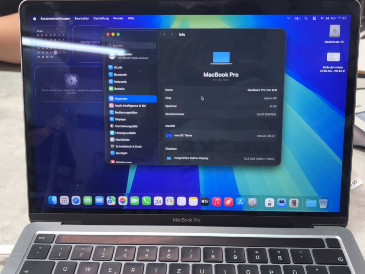 Apple MacBook Pro 13" M2 2022 Space Grau, :Apple MacBook Pro 13" (M2, 2022)| apple m2 chip, 8 gb ram 256gb ssd 344 zyklen, 13,3" retina display (2560 x 1600),power taste etwa gebraucht || Zustand: Gebraucht
