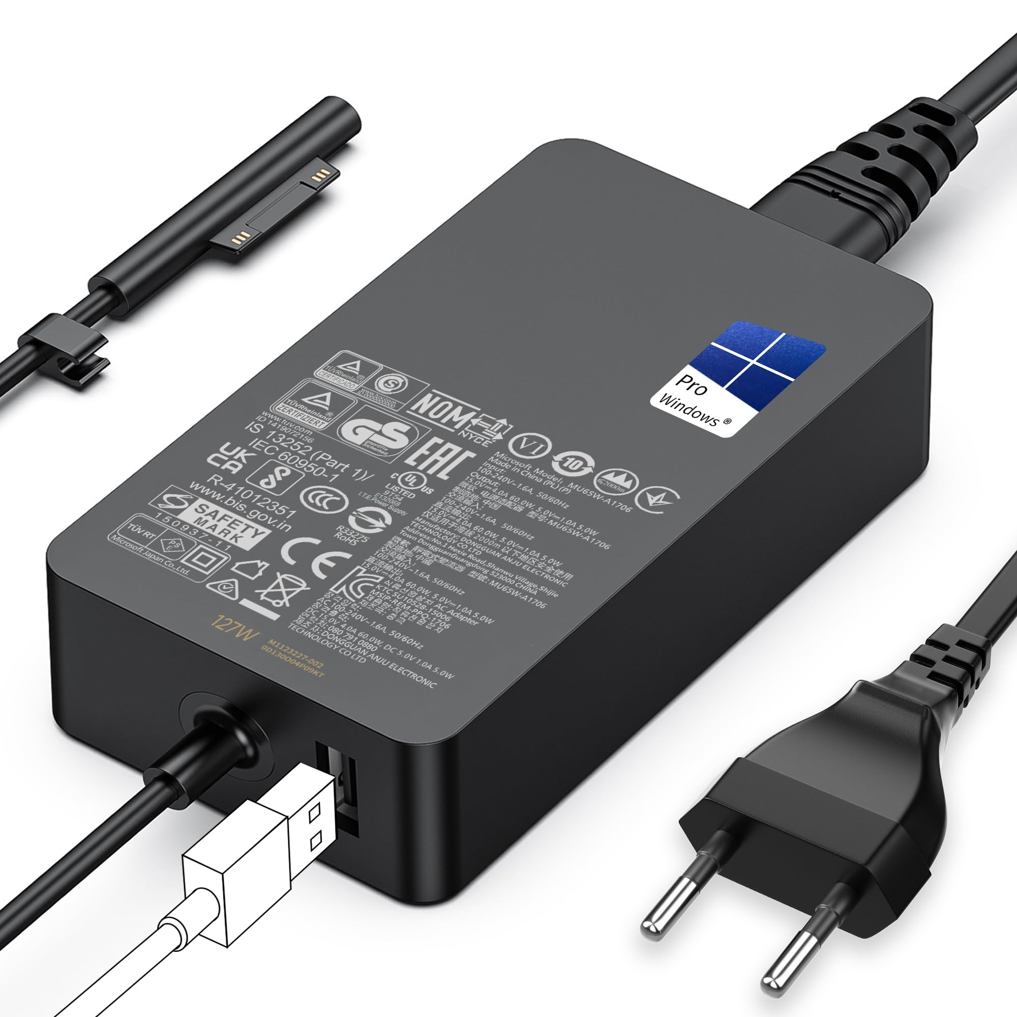 Microsoft Surface Netzteil 127W, Original Netzteil mit Surface-Connect-Anschluss und zusätzlichem USB-Ladeport, Farbe Schwarz. | Zustand: Neu