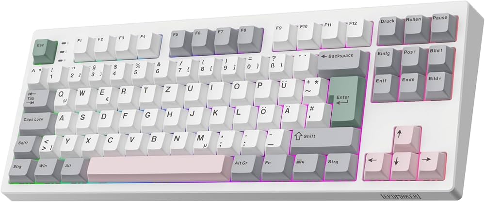 Epomaker TH87 Wireless TKL, Weiß/Grau/Pink, Mechanische Tastatur, ISO-DE Layout, 10000mAh Akku, Hot-Swap, Tri-Mode, inkl. OVP | Zustand: Wie Neu