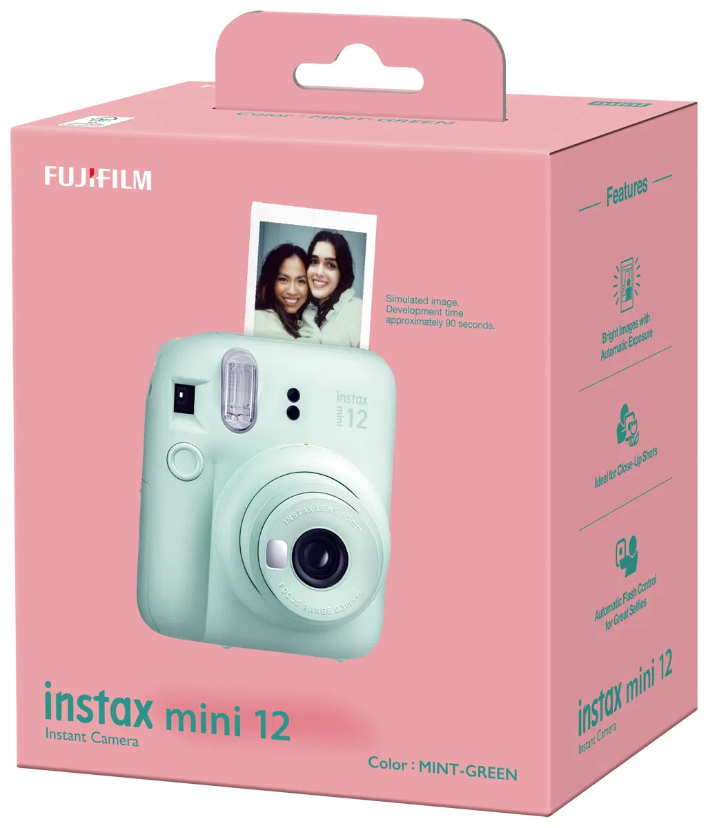 Fujifilm Instax Mini 12 Mint Green, Sofortbildkamera mit 60mm Objektiv, Selfie-Spiegel, automatischer Belichtung und Blitzsteuerung. | Zustand: Neu