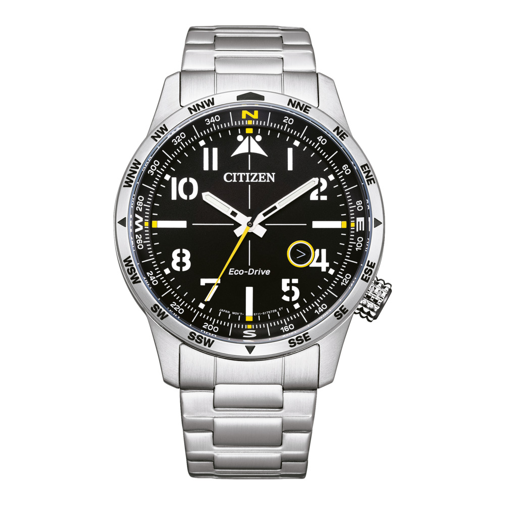 Citizen Eco-Drive Herrenuhr Silber, Solar-Quarzwerk, schwarzes Zifferblatt, Kompass-Lünette, EdelstahLadegerätehäuse, inkl. OVP | Zustand: Sehr Gut