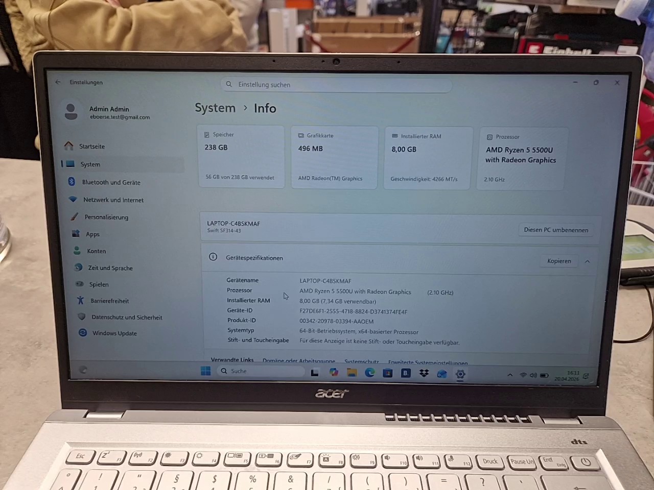 Acer Swift 3 SF314-43 (2021) Silber, AMD Ryzen 5 5500U, 8GB RAM, 256GB SSD, 14 | Zustand: Sehr Gut – Bild 3