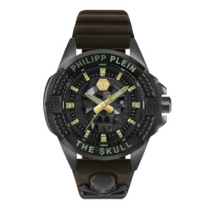 Philipp Plein The $kull PWAAA0421, Herrenuhr, 44 mm, Quarz, braunes Lederarmband, inkl. Originalverpackung, Armband leicht beschädigt | Zustand: Gut