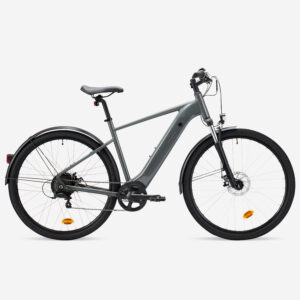 Rockrider E-ACTV 100 E-Trekkingrad Grau, Integrierter Akku, Scheibenbremsen, inkl. Ladegerät und 3 Schlüsseln.