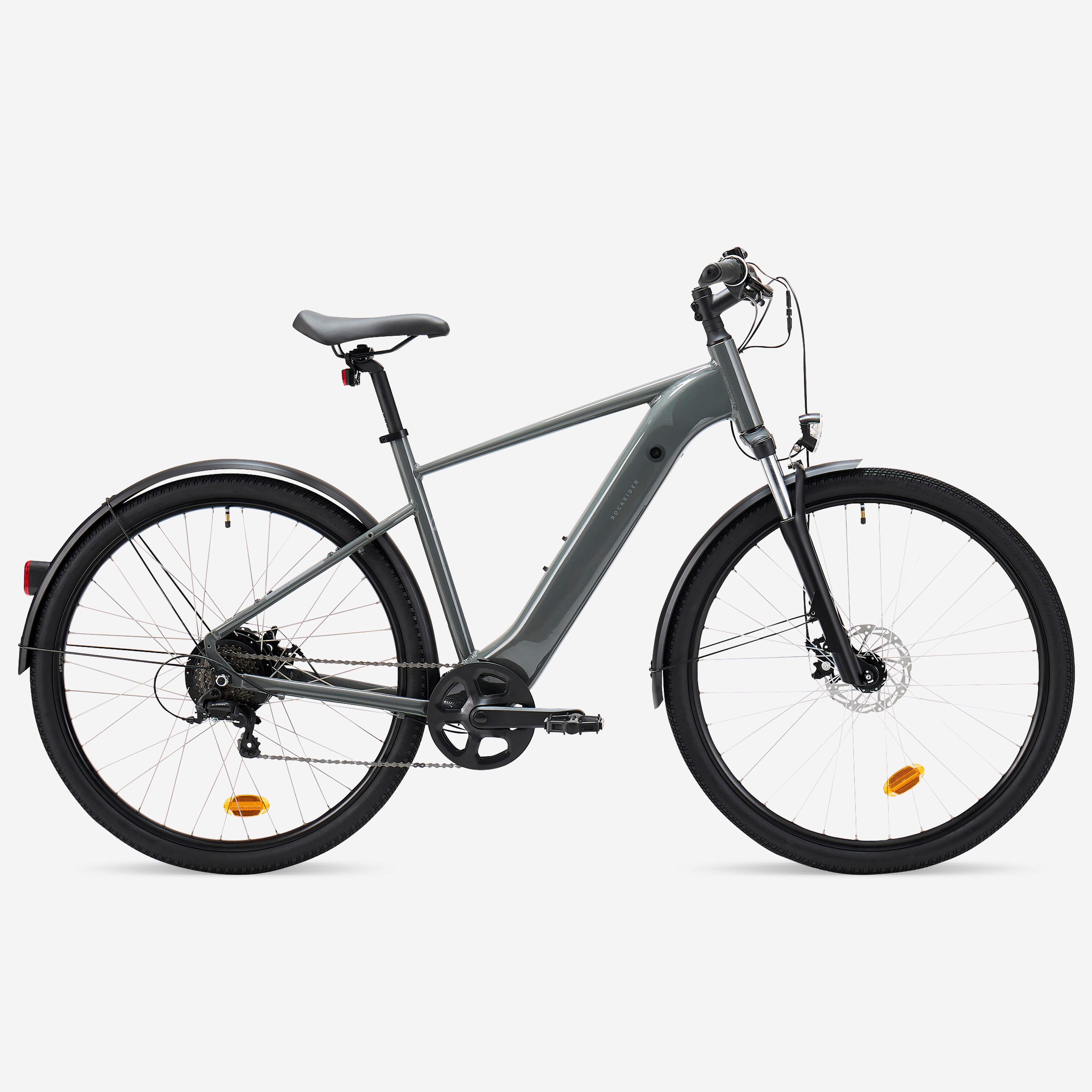 Rockrider E-ACTV 100 E-Trekkingrad Grau, Integrierter Akku, Scheibenbremsen, inkl. Ladegerät und 3 Schlüsseln.