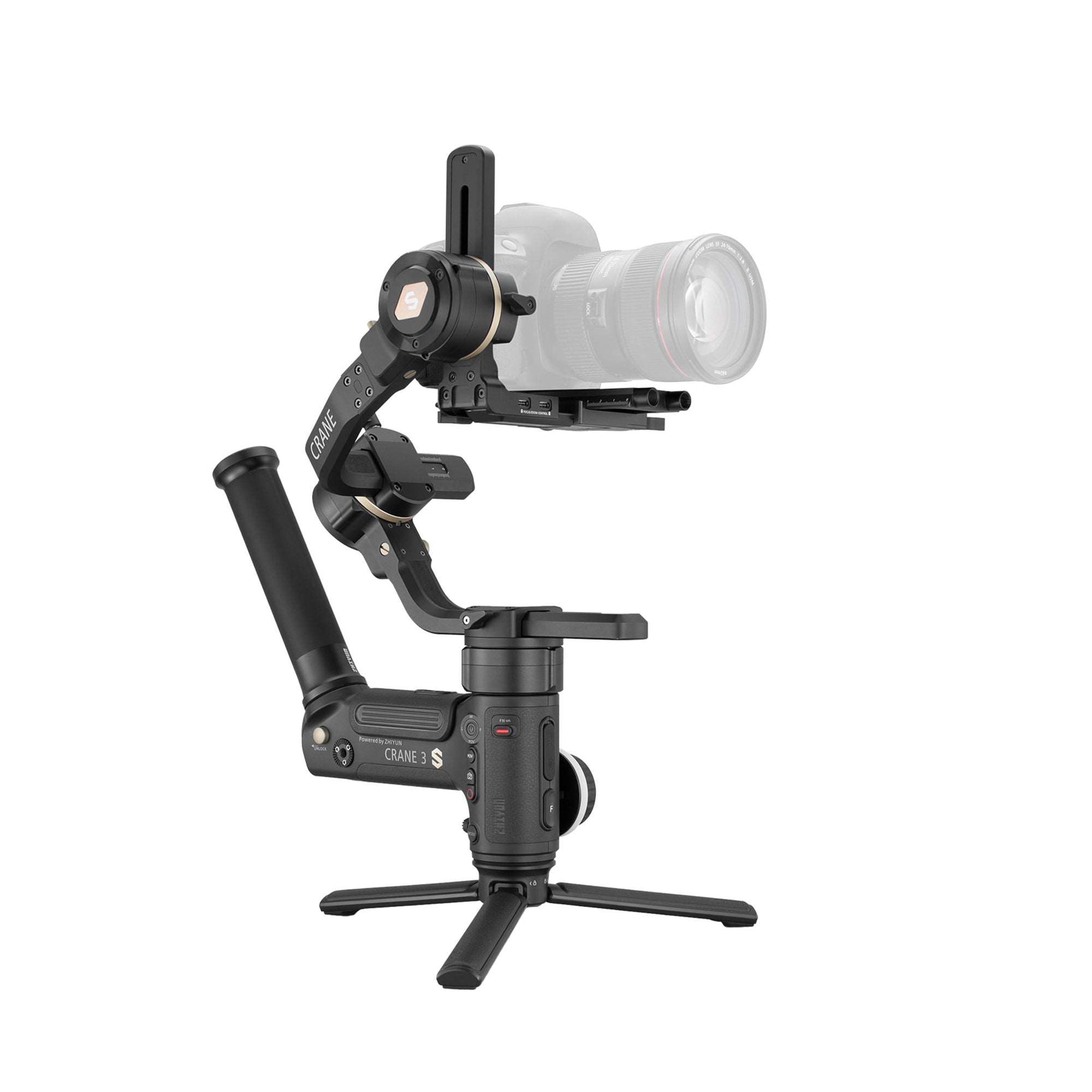 Zhiyun Crane 3S Gimbal Schwarz, 3-Achsen-Stabilisierung, 6,5kg Traglast, modularer Griff, inkl. TransMount Servo Zoom & Focus Motors, OVP | Zustand: Sehr Gut (basierend auf OVP)