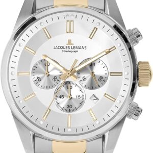 Jacques Lemans 42-6.1H Chronograph, Herrenuhr, Quarzwerk, 42mm EdelstahLadegerätehäuse, silbernes Zifferblatt, IP-Gold-Akzente. | Zustand: Sehr Gut | Farbe: silber