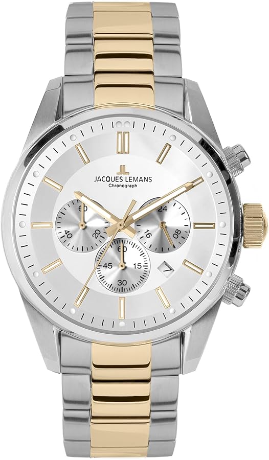 Jacques Lemans 42-6.1H Chronograph, Herrenuhr, Quarzwerk, 42mm EdelstahLadegerätehäuse, silbernes Zifferblatt, IP-Gold-Akzente. | Zustand: Sehr Gut | Farbe: silber