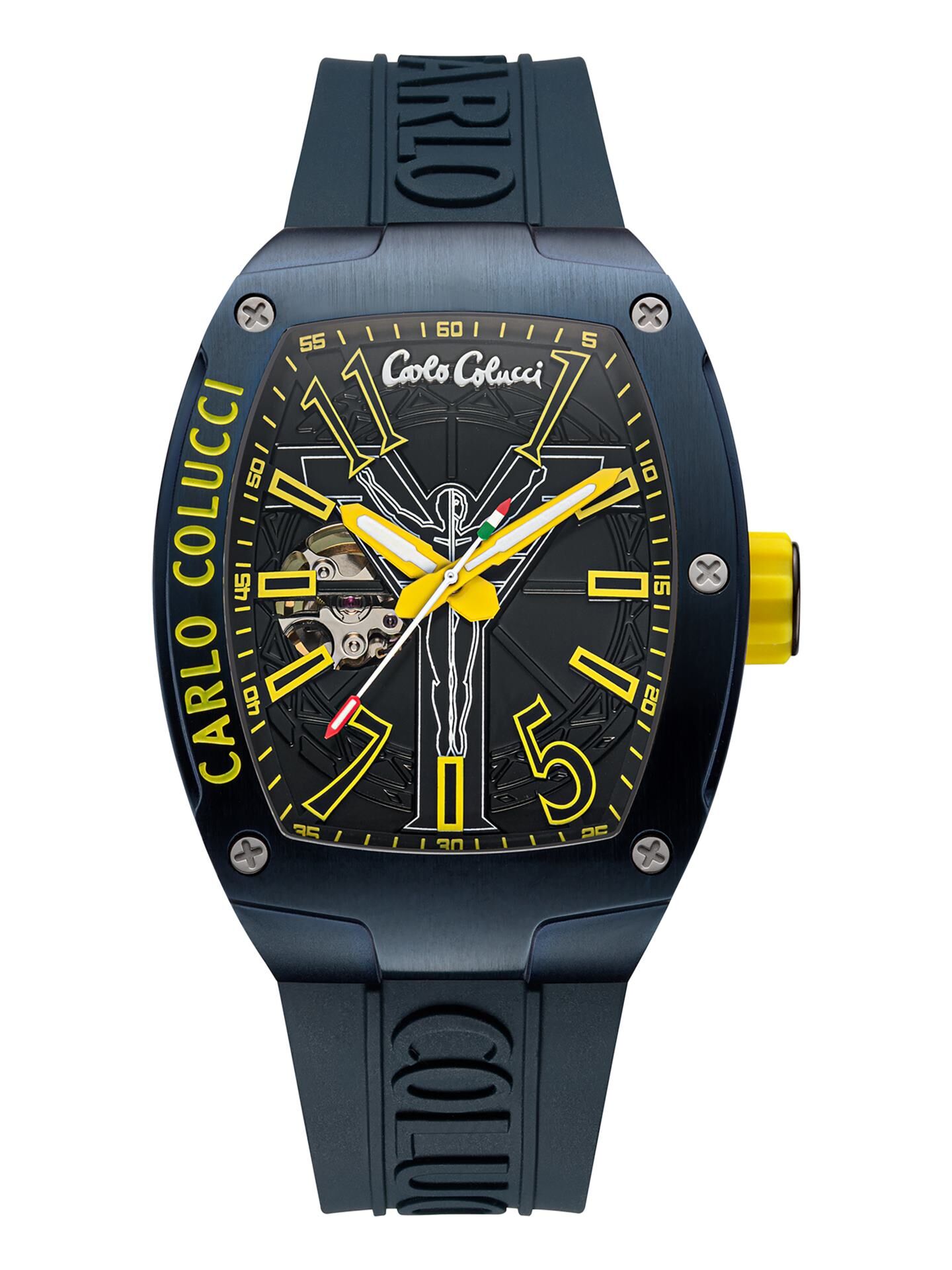 Carlo Colucci CC100 Automatikuhr, Herrenuhr mit Tonneau-Gehäuse, Skelett-Zifferblatt, Silikonarmband, inkl. Originalverpackung. | Zustand: Neu | Farbe: schwarz