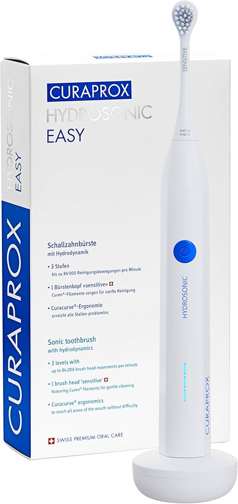 Curaprox Hydrosonic Easy, Weiß, Schallzahnbürste mit 3 Reinigungsstufen, Hydrodynamik, 1 Sensitive-Bürstenkopf und Ladestation. | Zustand: Neu