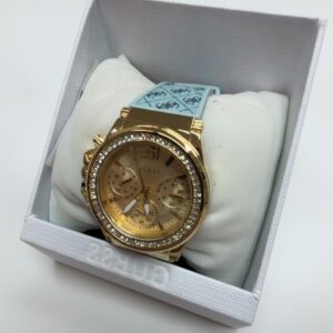 Guess Charisma GW0699L1 Gold Blau, Damenuhr, 38 mm EdelstahLadegerätehäuse mit Steinchen, blaues Silikonarmband, analoges Quarzwerk. | Zustand: Sehr Gut | Farbe: gold