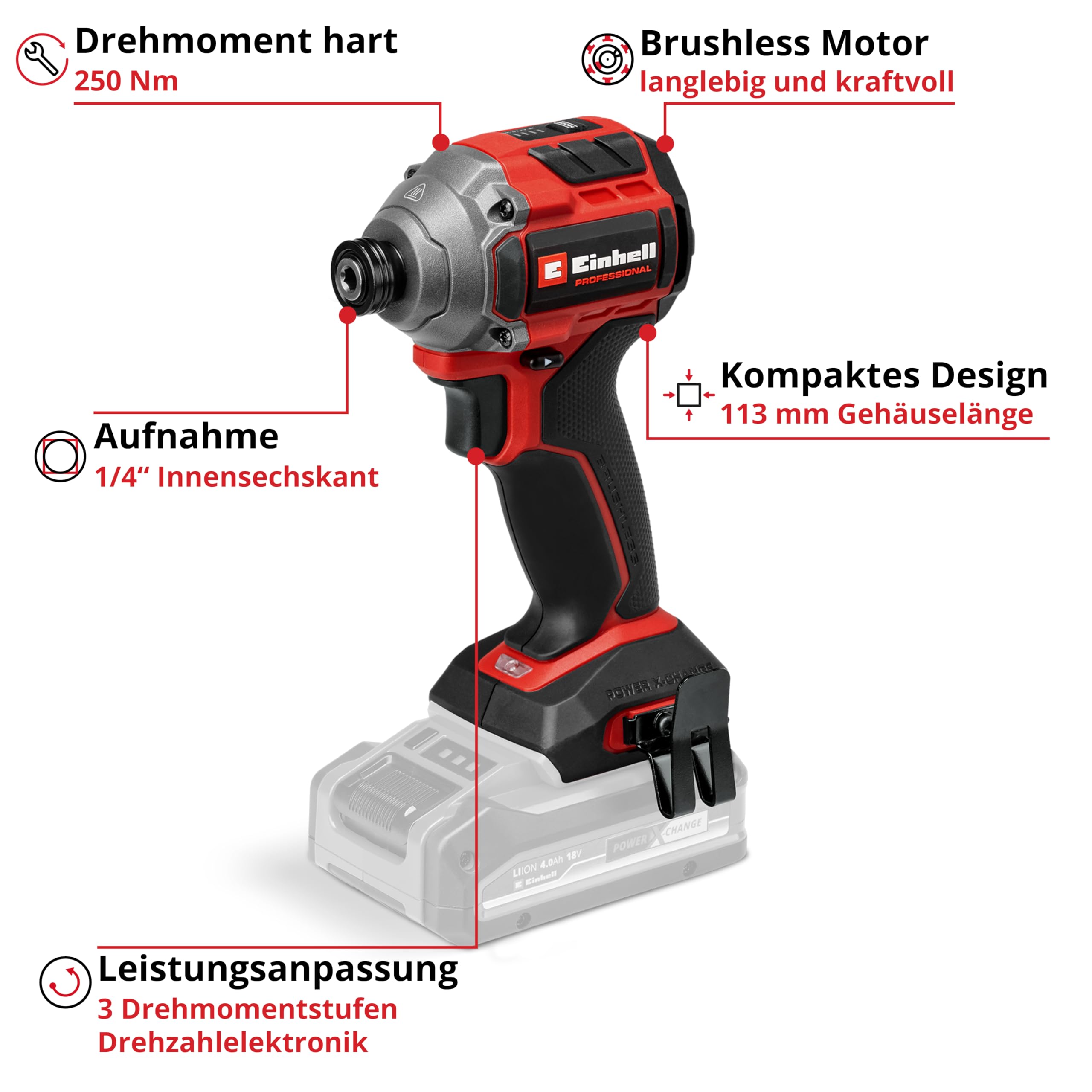 Einhell Professional TP-CI 18/250-C Li BL, Akku-Schlagschrauber Solo, 18V, 250 Nm, Brushless-Motor, 1 | 4 Zoll Aufnahme, inkl. OVP | Zustand: Neu – Bild 3