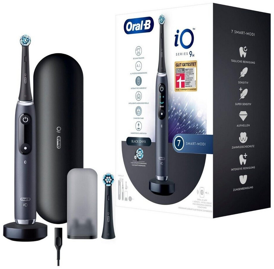 Oral-B iO Series 9N Black Onyx, Elektrische Zahnbürste mit 7 Modi, KI-Putztechnik-Analyse, 3D-Tracking, Reiseetui und 2 Bürsten | Zustand: Neu
