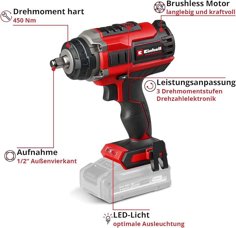 Einhell Professional IMPAXXO 18/450, Akku-Schlagschrauber, 18V, 450 Nm, Brushless Motor, 1 | 2 Zoll Außenvierkant, 3 Drehzahlstufen | Zustand: Neu