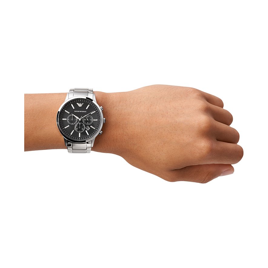 Emporio Armani Renato AR2460 Silber Schwarz, Herren-Chronograph aus Edelstahl mit schwarzem Zifferblatt, ohne Verpackung. | Zustand: Sehr Gut