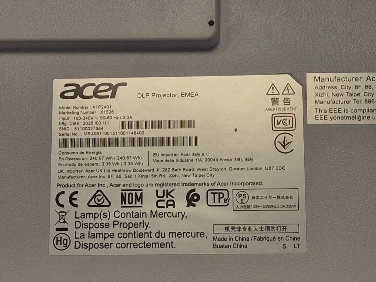 Acer X1526 DLP Projektor Weiß, Full HD Beamer, 4.000 ANSI Lumen, 1080p Auflösung, 3D-fähig, inkl. Fernbedienung | Zustand: Sehr Gut