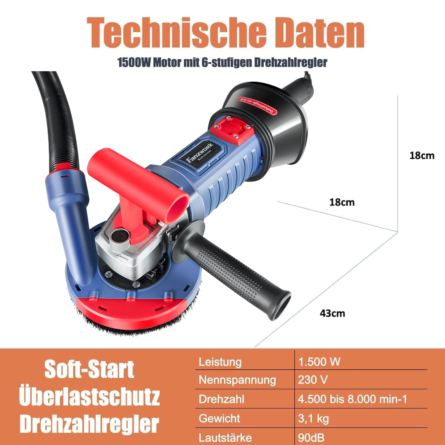 Fanztool Betonschleifer FZ-WB2304B, 1500W, 125mm Scheibendurchmesser, 6-stufige Drehzahlregelung 4500-8000 | min, inkl. Absaughaube | Zustand: Neu