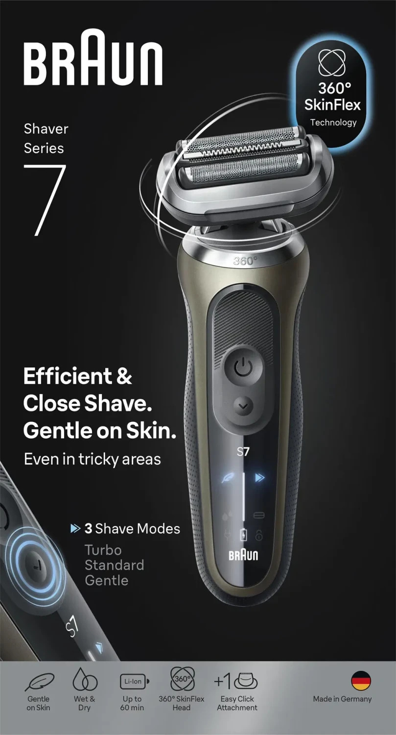 Braun Series 7 72-C1200S Gold, Elektrorasierer Wet&Dry, 3 Schermodi, 360° SkinFlex, Li-Ion Akku, Made in Germany. | Zustand: Neu