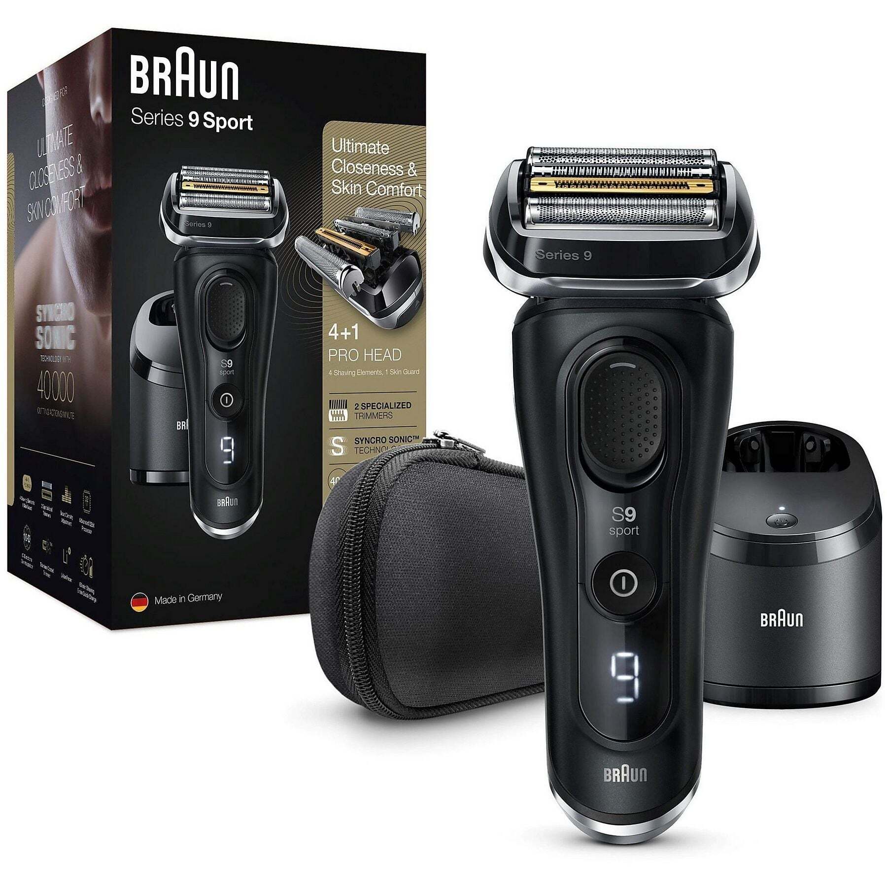 Braun Series 9 9352cc Sport Schwarz, Elektrischer Folienrasierer mit Reinigungsstation, Wet&Dry, 60 Min. Akkulaufzeit, Made in Germany | Zustand: Neu