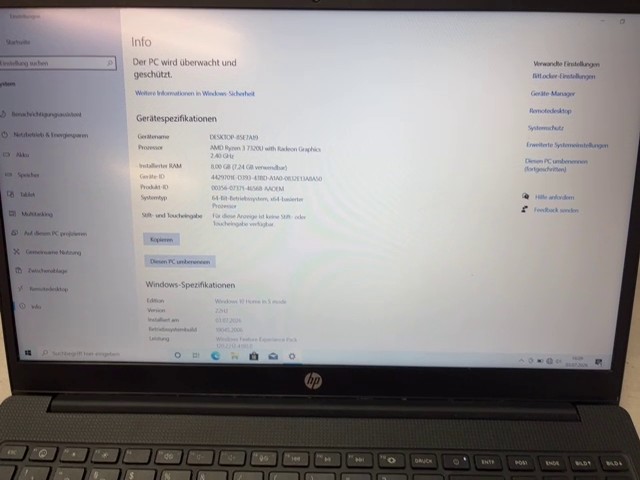 HP Laptop 15-fc0079ng, AMD Ryzen 3 7320U, 8GB RAM, 256GB SSD, 15,6 Zoll, Windows 10 Home im S-Modus, inkl. Stofftasche | Zustand: Sehr Gut – Bild 2