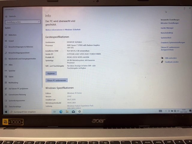 Acer Aspire 3 A315-44P, Silber, 15,6 Zoll Full-HD, AMD Ryzen 7 5700U, 16 GB RAM, Windows 10 Home, Nummernblock, Webcam | Zustand: Gut – Bild 2