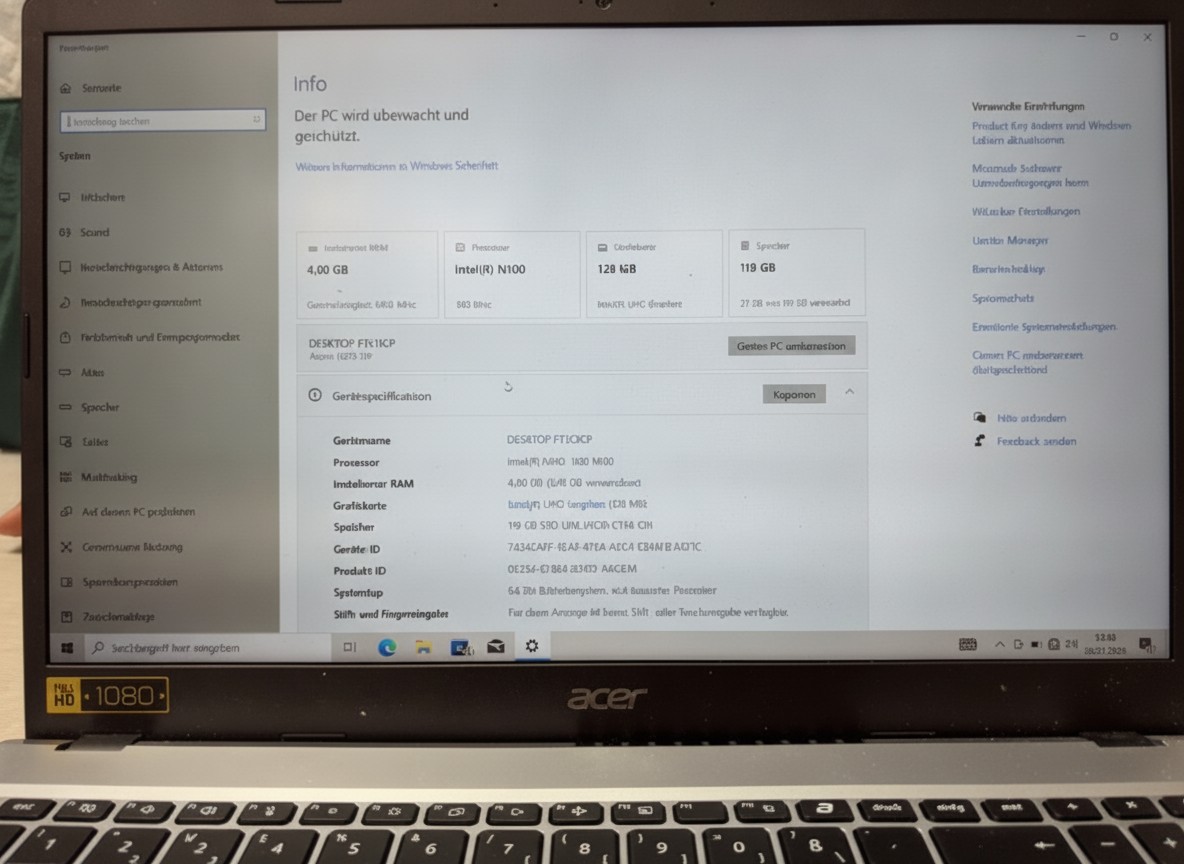 Acer Aspire Go 15 AG15-31P, Pure Silver, 15,6 Zoll FHD IPS, Intel N100, 4GB RAM, 128GB UFS, inkl. Ladegerät, Gehäusefarbe Pure Silver | Zustand: Sehr Gut – Bild 3