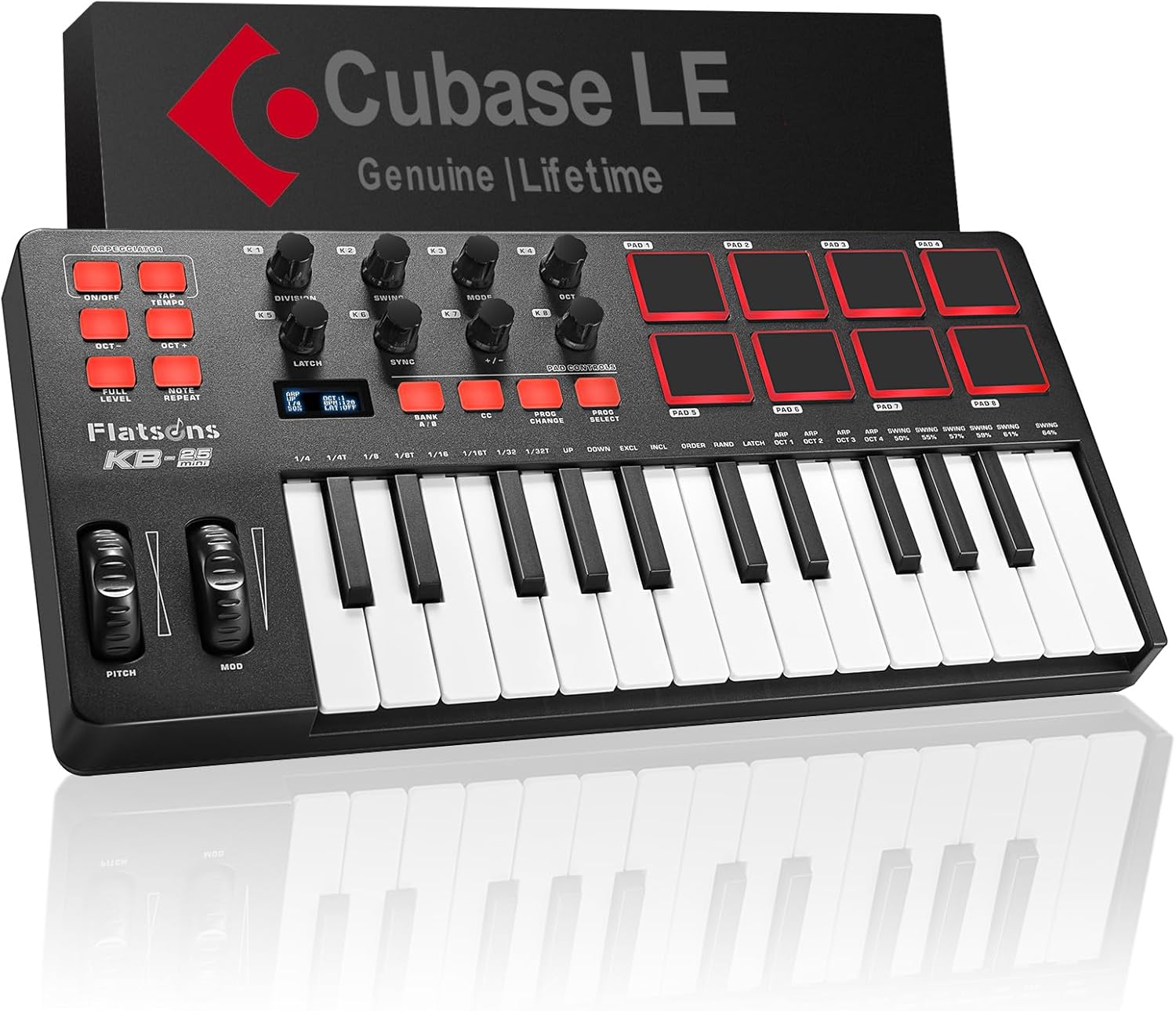 Flatsons KB-25mini, Schwarz, OVP 25 Tasten, 8 Pads, 8 Regler, Arpeggiator, USB, OLED, DAW-Software, Karton bestoßen & Kratzer, Zubehör: USB-Kabel, Software, | Zustand: Gebraucht