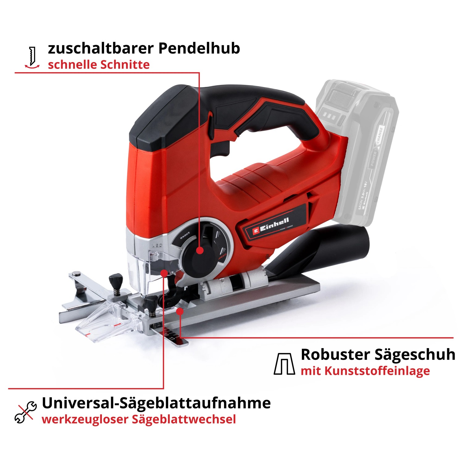 Einhell Akku-Stichsäge TE-JS 18 Li Solo, Pendelhubstichsäge, 18V Power X-Change, werkzeugloser Sägeblattwechsel, LED-Licht, ohne Akku | Ladegerät | Zustand: Neu – Bild 5