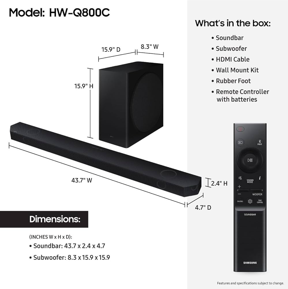 Samsung HW-Q800C Schwarz, 5.1.2-Kanal Soundbar mit kabellosem Subwoofer, Dolby Atmos, DTS:X, Q-Symphony und Fernbedienung. | Zustand: Sehr Gut