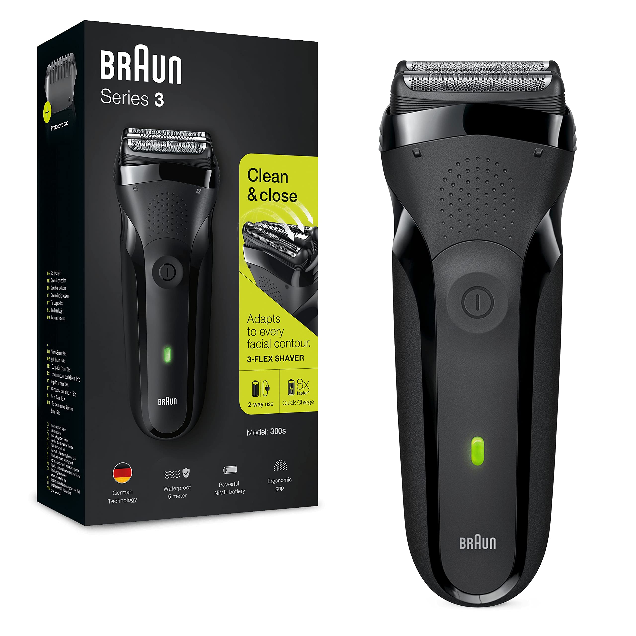 Braun Series 3 300s Schwarz, Elektrischer Folienrasierer, wasserdicht, inkl. Schutzkappe, Smart Plug Ladekabel und Reinigungsbürste, OVP | Zustand: Neu