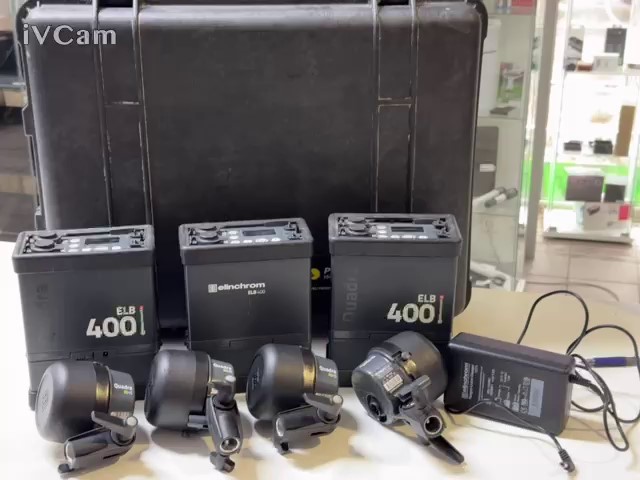 Elinchrom ELB 400 Set mit Quadra HS Köpfen, Mobiles Blitz-Set mit 3x ELB 400 Generatoren, 3x Quadra HS Blitzköpfen, Ladegerät und Koffer. | Zustand: Gut