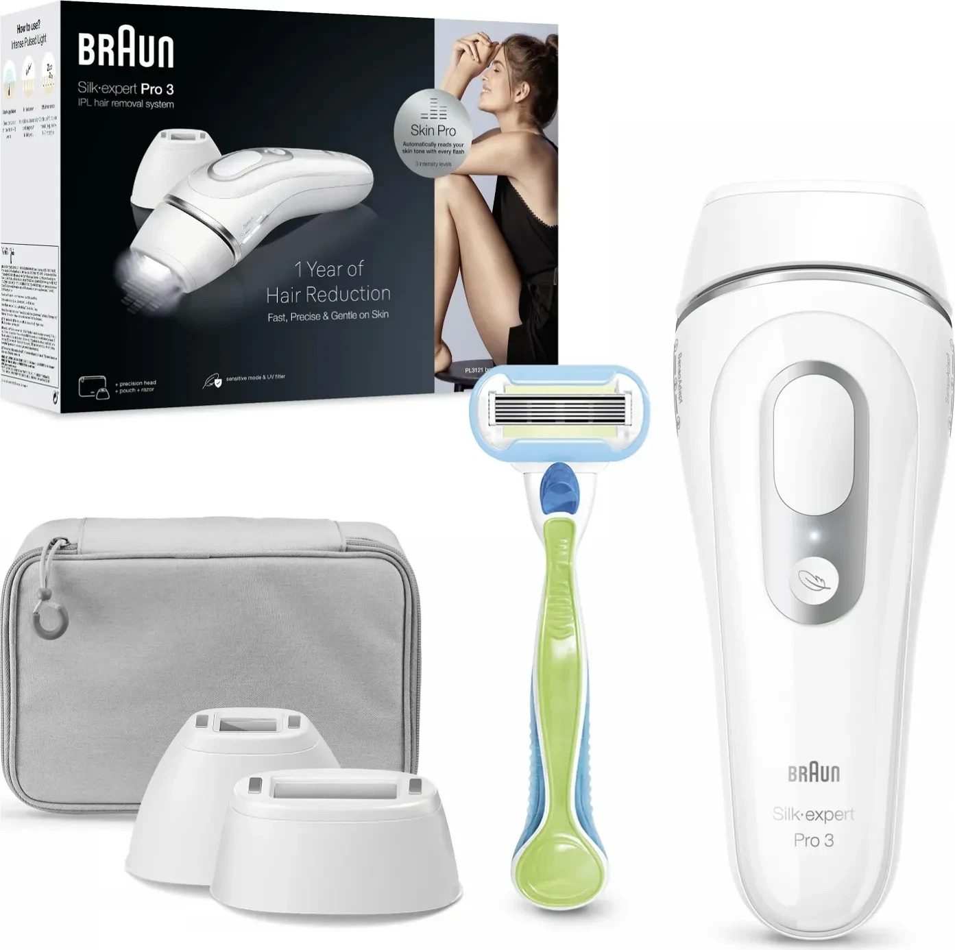 Braun Silk Expert Pro 3 PL3122 Weiß , IPL-Haarentferner mit SensoAdapt-Technologie, Präzisionsaufsatz, Tasche und Venus Rasierer | Zustand: Neu
