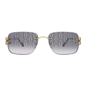 Cartier CT0330S Gold Grau, Luxus Sonnenbrille mit rahmenloser Konstruktion und ikonischem C-Dekor Detail am Scharnier | Zustand: Sehr Gut