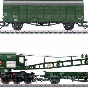 Märklin 49571 Dampfkran Ardelt 57t, Ep. IV, 6-achsiger Eisenbahn-Drehkran, chromoxidgrün, Betriebszustand um 1977, inkl. Schutz- und Gerätewagen. | Zustand: Neu