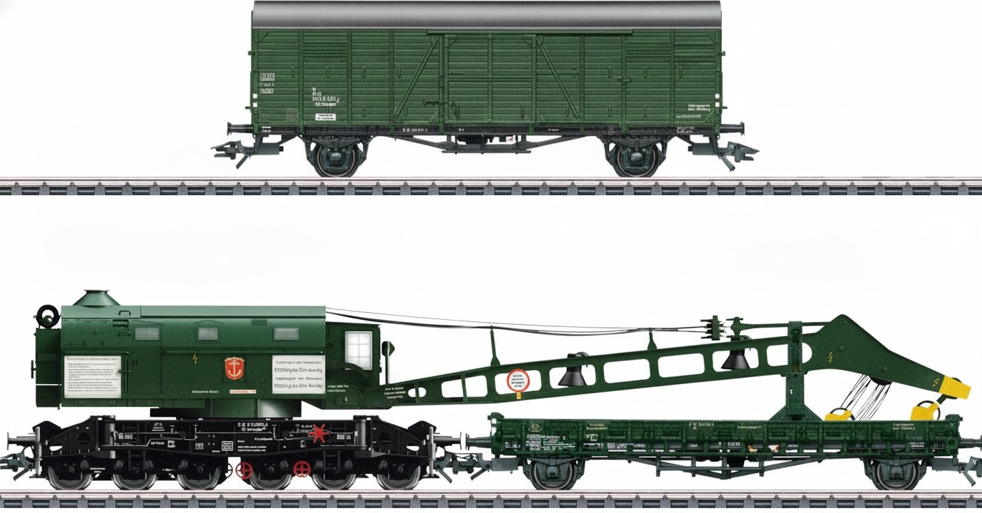 Märklin 49571 Dampfkran Ardelt 57t, Ep. IV, 6-achsiger Eisenbahn-Drehkran, chromoxidgrün, Betriebszustand um 1977, inkl. Schutz- und Gerätewagen. | Zustand: Neu