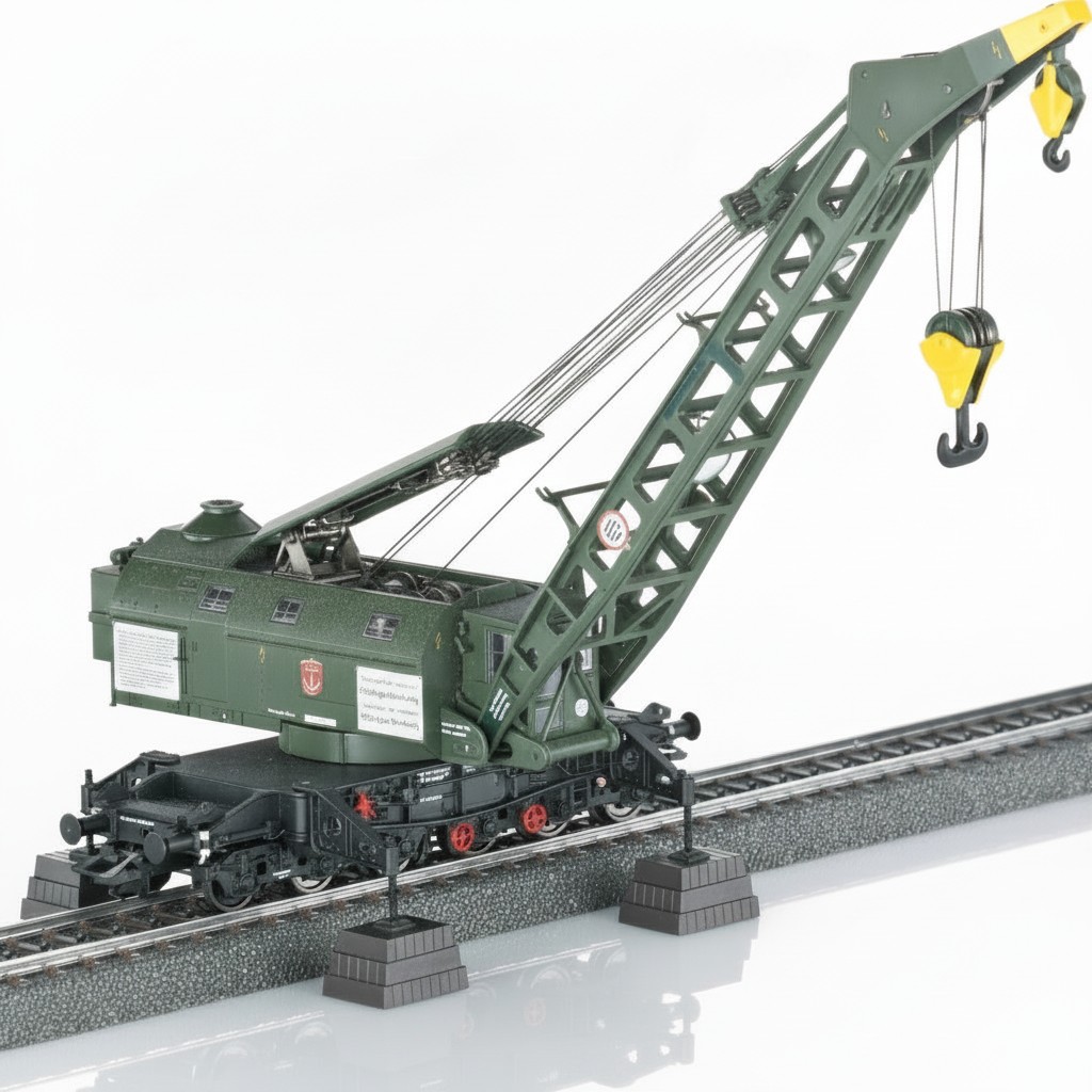 Märklin 49571 Dampfkran Ardelt 57t, Ep. IV, 6-achsiger Eisenbahn-Drehkran, chromoxidgrün, Betriebszustand um 1977, inkl. Schutz- und Gerätewagen. | Zustand: Neu – Bild 2