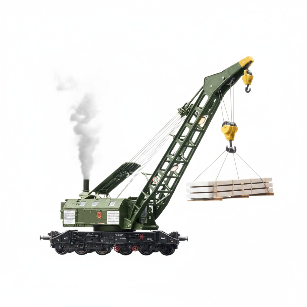 Märklin 49571 Dampfkran Ardelt 57t, Ep. IV, 6-achsiger Eisenbahn-Drehkran, chromoxidgrün, Betriebszustand um 1977, inkl. Schutz- und Gerätewagen. | Zustand: Neu – Bild 3