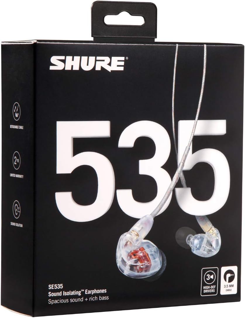 Shure SE535-CL In-Ear-Kopfhörer Transparent, Professionelle Sound Isolating Ohrhörer mit Triple High-Definition Treibern und abnehmbarem Kabel | Zustand: Neu