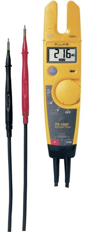 Fluke T5-1000 Elektrotester gelb, Spannungs-, Strom- und Durchgangsprüfer mit OpenJaw-Technik, CAT III 1000 V, inkl. Messleitungen | Zustand: Sehr Gut