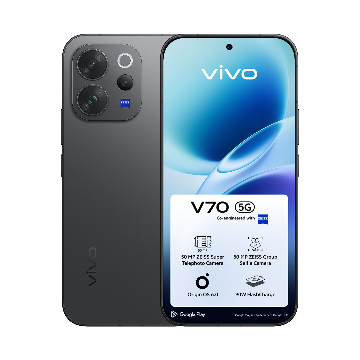 Vivo V70 5G 256GB Authentic Black, 6,59 Zoll AMOLED Display, 50 MP ZEISS Kamera, IP68 | IP69 wasserdicht | SimLock: Frei | Zustand: Sehr Gut | Farbe: schwarz | Akku:
