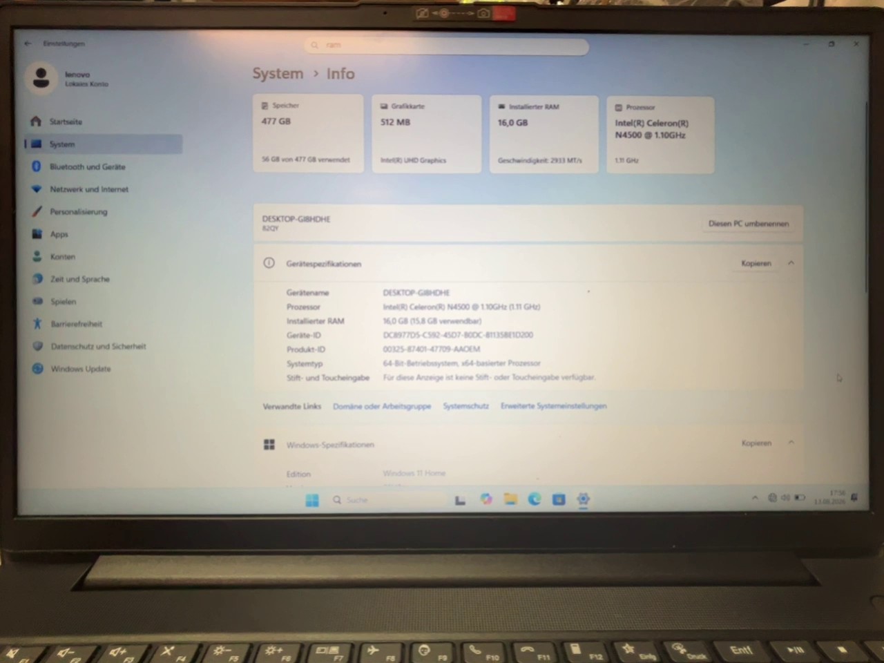 Lenovo V15 G2 IJL Schwarz, 15,6 Zoll FHD, Intel Celeron N4500, 16 GB RAM, 512 GB SSD, Windows 11 Home | Zustand: Sehr Gut – Bild 2