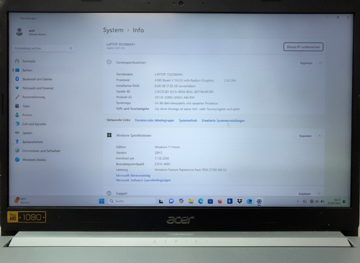 Acer Aspire 5 A515-45 Silber, AMD Ryzen 5 5500U, 8GB RAM, 15,6 Zoll FHD Display, Windows 11 Home, Inklusive Ladegerät | Zustand: Gut
