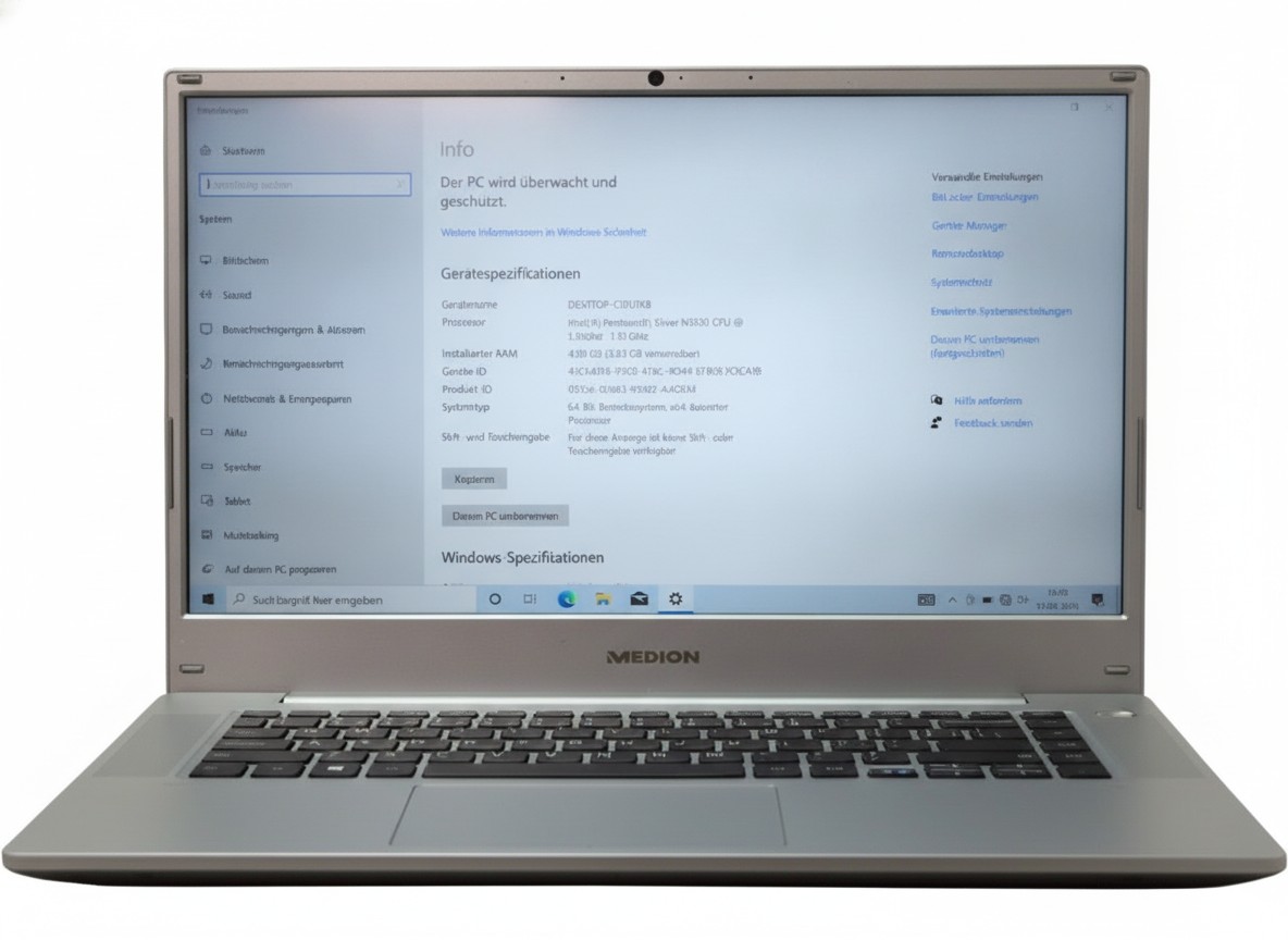 Medion Akoya Silber, Intel Pentium N3830, 4 GB RAM, SSD 128 GB, Windows 10, silbernes Notebook | Zustand: Gut