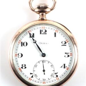 Doxa Taschenuhr silber , Antike Schweizer Herrentaschenuhr mit Handaufzug, weißem Emaille-Zifferblatt und 24-Stunden-Skala | Zustand: Sehr Gut