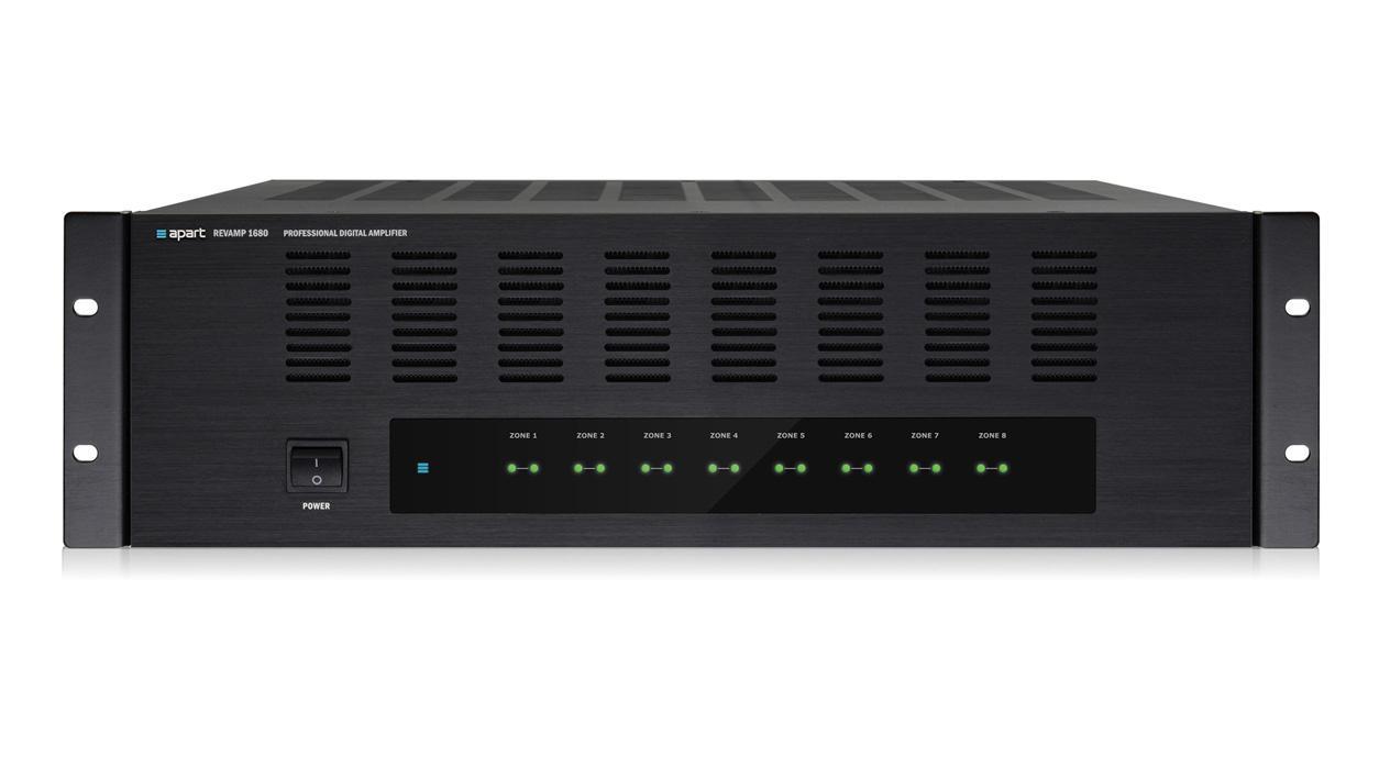 Apart Revamp1680 Schwarz, Professioneller 16-Kanal-Digitalverstärker, Class-D, 16 x 80 Watt an 4 Ohm, brückbar auf 8 x 200 Watt, lüfterlos, ideal für Multiroom-Anwendungen.