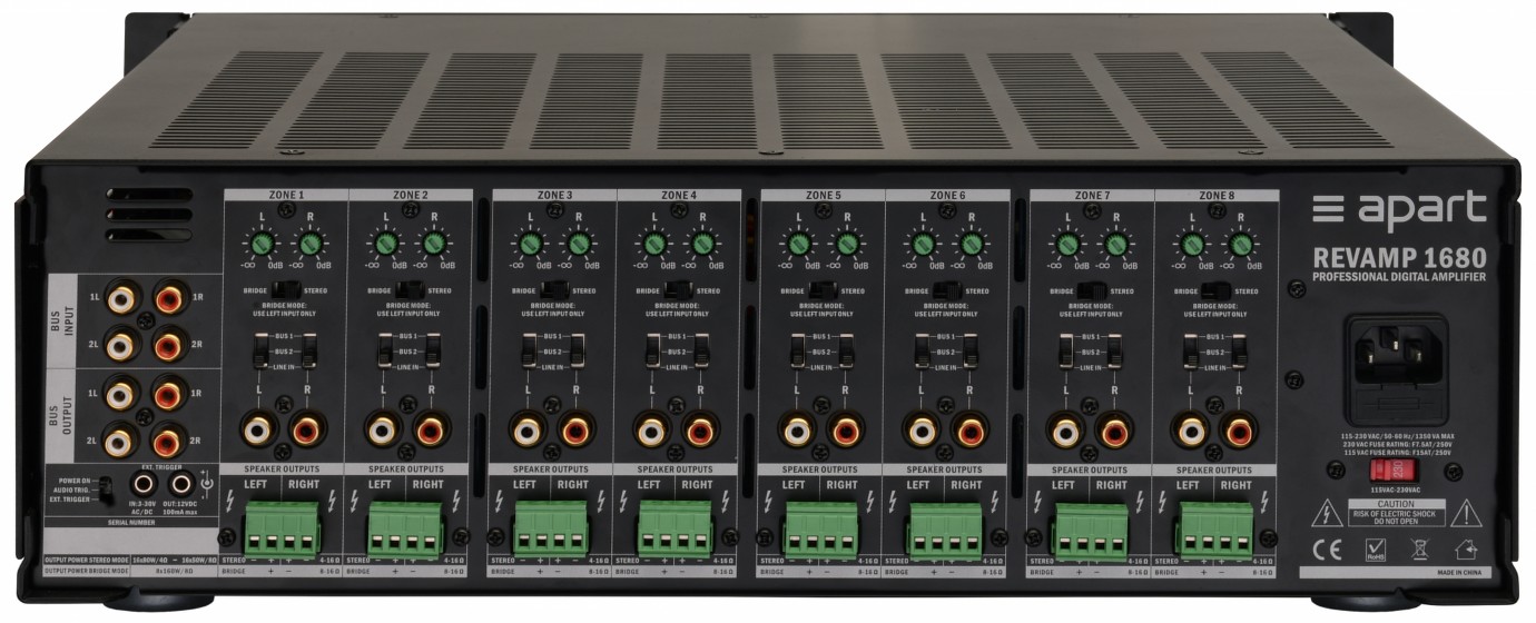 Apart Revamp1680 Schwarz, Professioneller 16-Kanal-Digitalverstärker, Class-D, 16 x 80 Watt an 4 Ohm, brückbar auf 8 x 200 Watt, lüfterlos, ideal für Multiroom-Anwendungen. – Bild 2