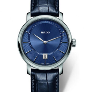 Rado DiaMaster Quarz Blau Leder, Damenarmbanduhr mit blauem Zifferblatt, Datumsanzeige, blauem Lederarmband, mit  Verpackung, Zertifikat und ohne Batterie   | Zustand: Sehr Gut