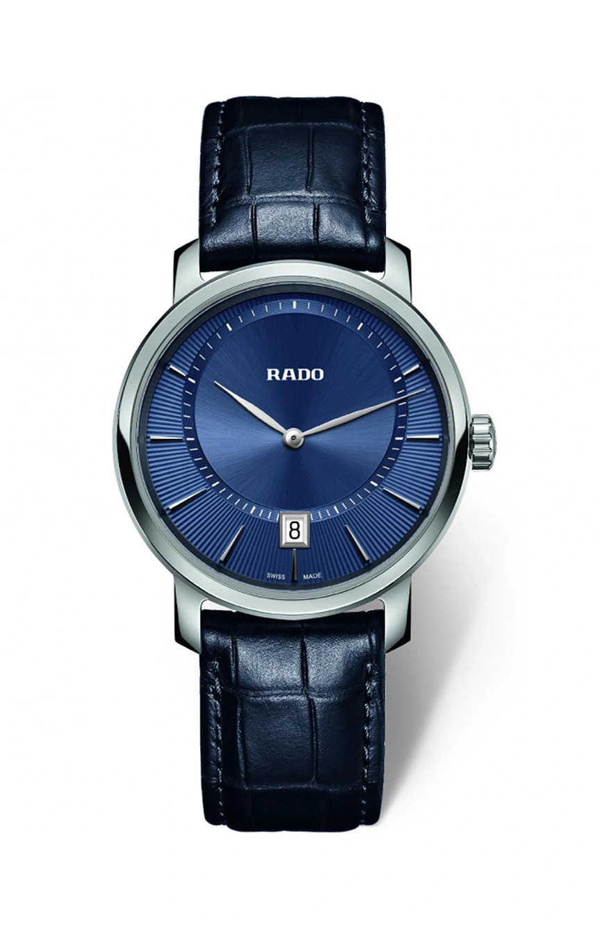 Rado DiaMaster Quarz Blau Leder, Damenarmbanduhr mit blauem Zifferblatt, Datumsanzeige, blauem Lederarmband, mit Verpackung, Zertifikat und ohne Batterie | Zustand: Sehr Gut