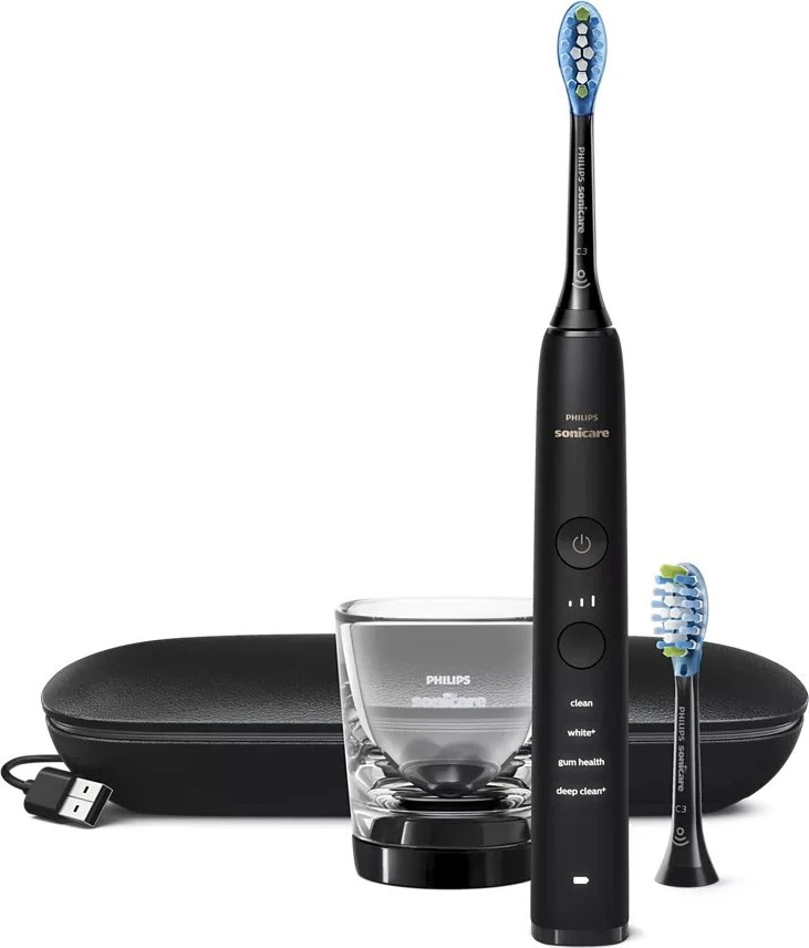 Philips Sonicare DiamondClean 9000 Schwarz, Elektrische Schallzahnbürste mit 4 Programmen, 3 Intensitätsstufen, App-Anbindung, Ladeglas und Reiseetui. | Zustand: Neu